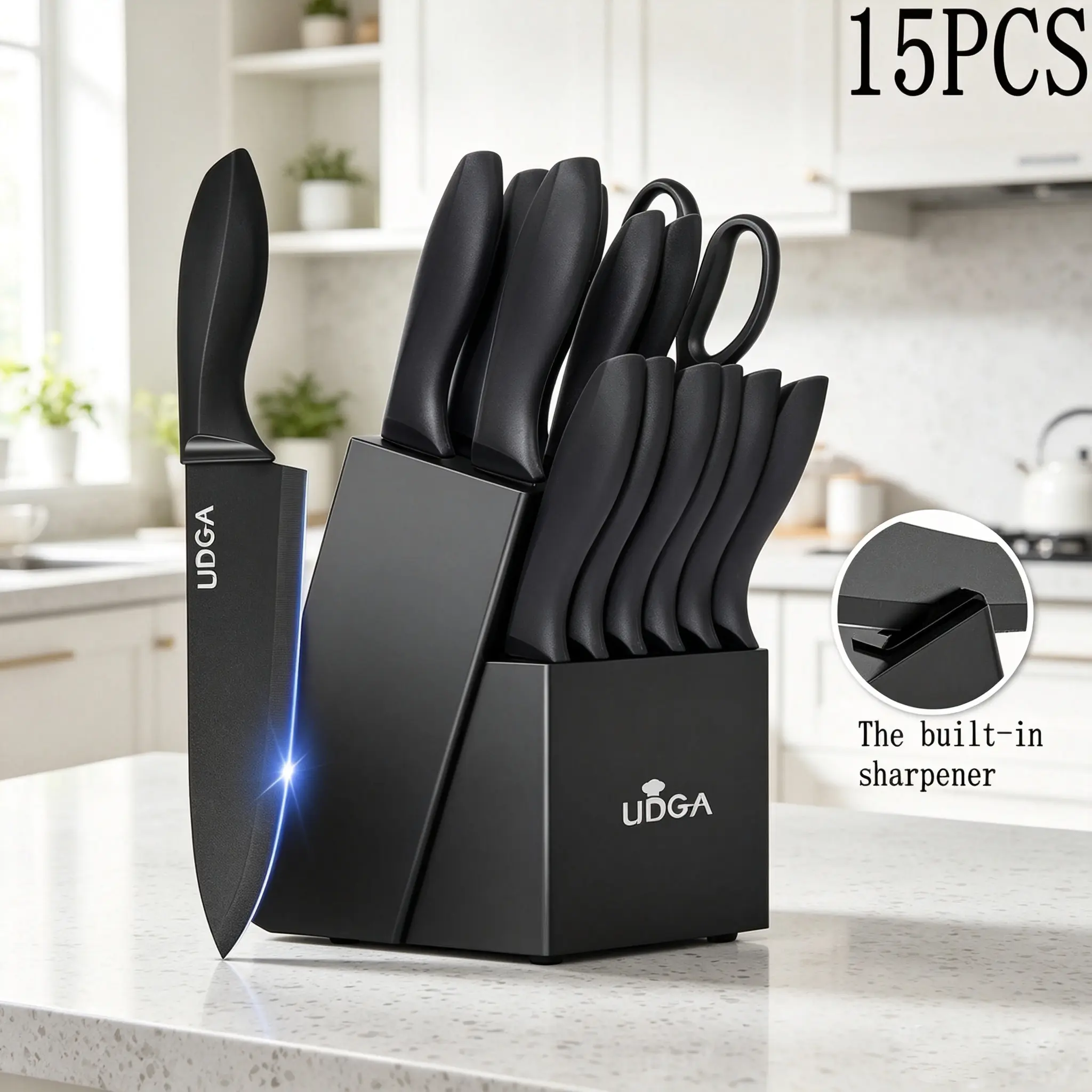 Kitchen knife set -15 pieces, equipped with a stainless steel knife series with built-in sharpener, space saving design, meeting all your cooking needs - chef knives, peelers, kitchen scissors, etc., perfect for home chefs and cooking enthusiasts
