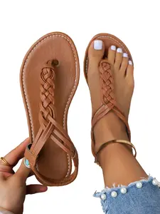 Comfortable woven sandals for summer, women's flat T-strap stretch beach shoes, available in black, brown, and burgundy, non-slip Roman sandals, suitable for walking and vacations, Anti Slip Sandals.
