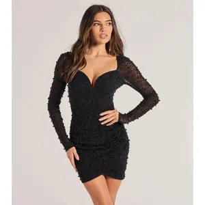 Emma Faux Pearl Beaded Long Sleeve Bodycon Dress
