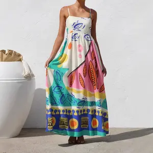 Boho Colorful Printed Spaghetti Strap Maxi Dress for Women - Sleeveless Flowy Summer Sundress | Beach Vacation, Resort Wear, Brunch & Island Getaway