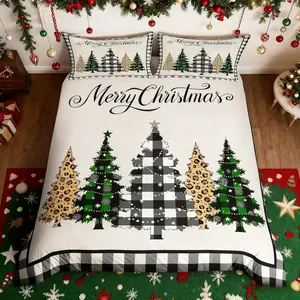 Merry Christmas Kids Duvet Cover Set,Leopard Plaids Pines Trees Bedding,Girls Boys Adults Home/Xmas Cabin Decor,Geometric Grids Retro Comforter Cover,Rustic Quilt Cover