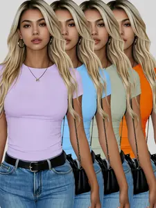 4-Pack Women's Sexy Slim Fit Short Sleeve T-Shirts, Stretchy Non-See-Through Blouses, Office Wear, Classic Round Neck, Smooth Fabric, Fashion Tight Shirts