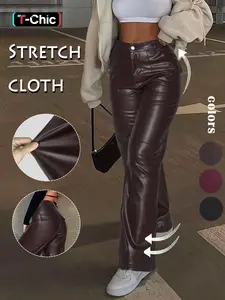 GILIPUR Y2K Women's Pocket Button Fly Pu Leather Casual Loose Pants, Casual Streetwear Trousers, Fitted Aesthetic High Waist Trousers For Daily Outdoor Wear, Casual Comfy Trousers For Women