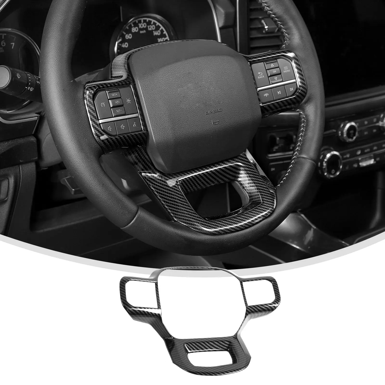 Steering Wheel Cover Trim - Car Steering Wheel Insert Accessory for 2021+ Ford F150, Truck Interior Decoration Sticker, Steeringwheelcover, ABS carbonfiber red black woodgrain chrome, Red Carbon Fiber, 1 Item Steering Wheel Cover Trim