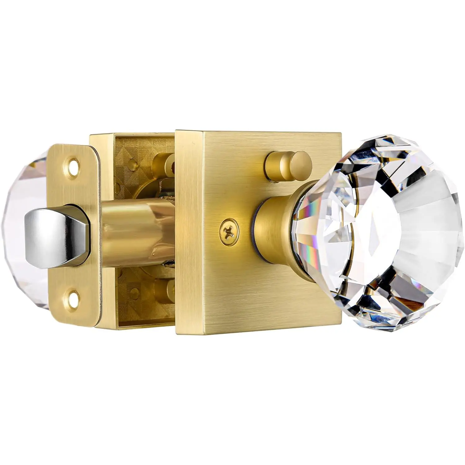 Square Glass  Interior, Bedroom and Bathroom   Door Knobs with Lock, Satin Brass Door Knobs Set,  Shape Keyless, BS-007