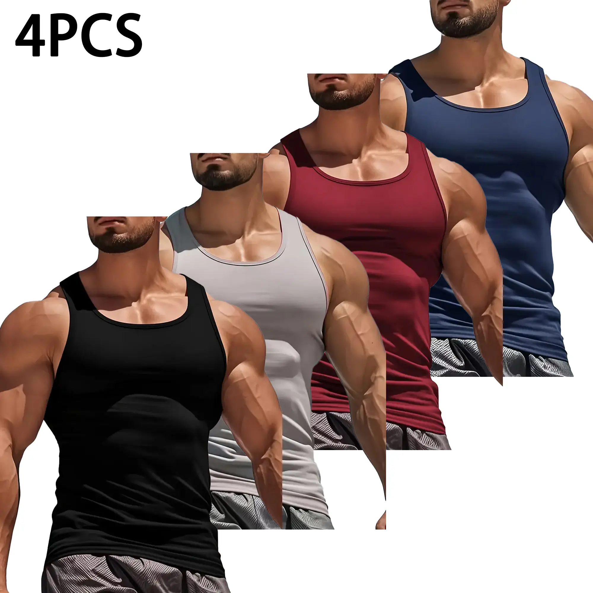 Men’s Slim Fit Sports Tank Top 4-Pack — High Elasticity, Breathable, Summer Sleeveless Fitness Tops, Slimming Base Layer, Quick-Dry Athletic Tanks, Suitable for Armless Workouts