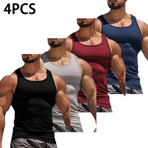 Men’s Slim Fit Polyester Blend 4-Pack Activewear Vests - High Elasticity, Breathable, Quick-Dry Sleeveless Gym Top, Workout Sleeveless Activewear, Athletic Fitted Elasticity Vests for Summer Training Base Layer