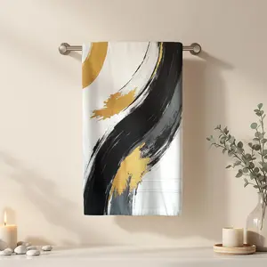 1Pc Abstract with black white and gold brush strokes Bathroom Hand Towel Bath Towel, Multiple Size Microfiber Towel, Ultra-Soft Quick Dry and Absorbent Polyester Large Bath Towel, Unique Home Decorative Kitchen Towe, Absorbent Drying Towel