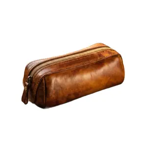 Genuine Leather Vintage Makeup Bag For Women, Full Grain Cowhide Portable Travel Storage Pouch, Cosmetic Organizer For Lipstick Lip Gloss And Small Daily Beauty Essentials