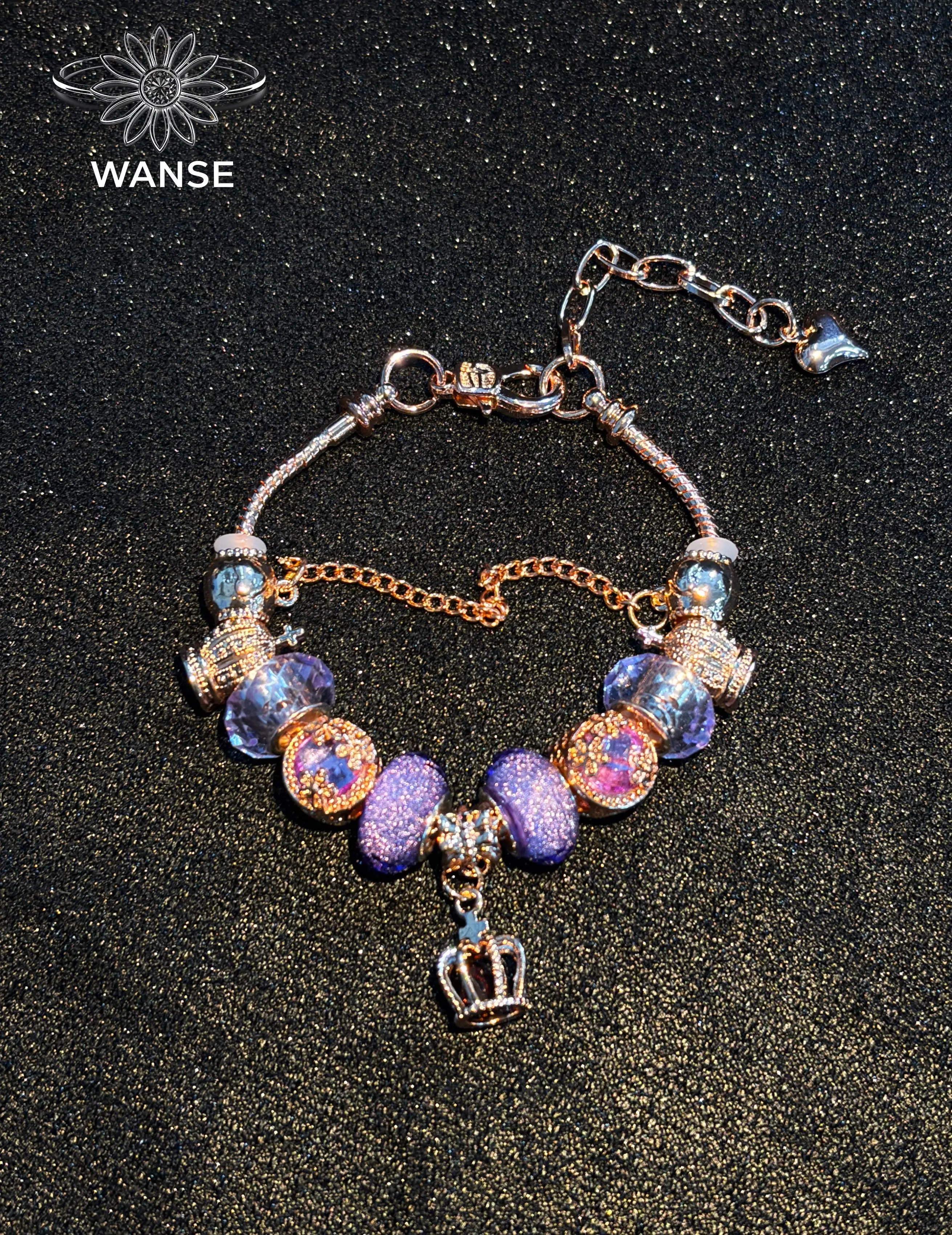 Rose Gold Tone Purple Glitter Bead Charm Bracelet, Stunning Sparkly Crown Dangle Bracelet with Adjustable Extender Chain, Statement Heavy Craft Fashion Jewelry for Women