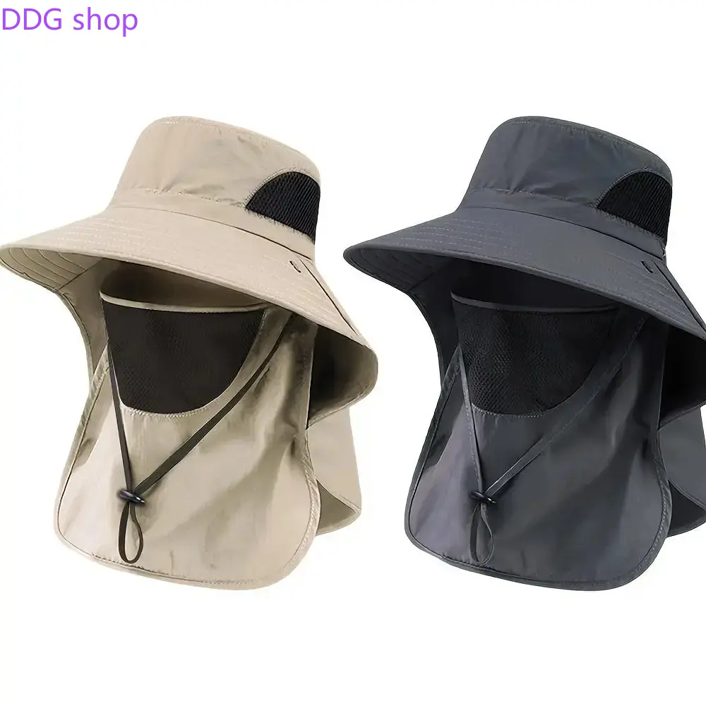 Unisex Outdoor Sun Cap - Wide Brim UPF Protection Fishing Headwear with Neck Flap, Detachable Face Cover, Quick-Dry Breathable Mesh, Adjustable Fit, Men's Accessories, for Hiking, Camping,summervibes