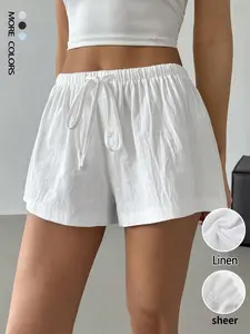 Women's Linen Shorts, Casual, Summer Loose Fitted Drawstring Adjustable Elastic Waist Wide Leg Shorts Lounge Boxers Pants Solid Color Breathable Beach Dolphin Shorts