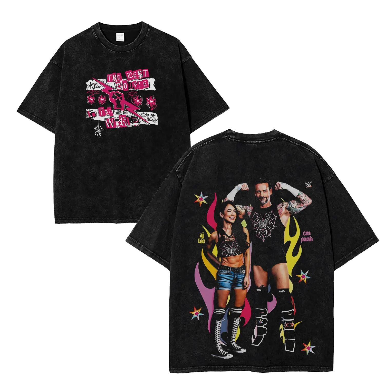 WFU - CM Punk & AJ Lee Washed Black T-Shirt WWE Wrestling Shirt Best Couple in the World Vintage Acid Wash Graphic Tee Oversized Unisex Cotton Size S-5XL fan