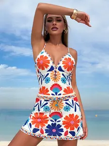 New Women's 2-Piece Floral Deep V-Neck Backless Swimsuit Set, Sexy Summer Beach Vacation Style, Asymmetrical Design, All Seasons, Skirted Swim Dress, Sea Fancy Swimsuits, Floral Print Swimsuits