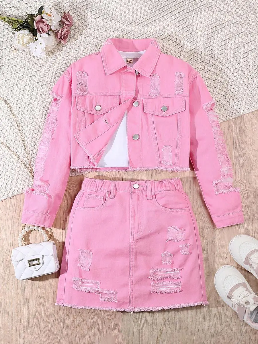 Tween Girl Y2K Kawaii Style Girls' Casual Distressed Short Jacket, Elastic Waist Denim Skirt, School, Campus, College School Sports Light Pink Autumn