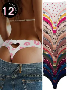 Random 12 Pcs Seamless Women's Triangle Bra Set, Leopard Print Breathable Soft Comfortable Fitted Underwear, Casual All Seasons