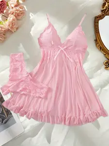 V-Neck Sleepwear, Women's Multi-color Lace Lingerie Set Elegant Female Home Dress Panties Set