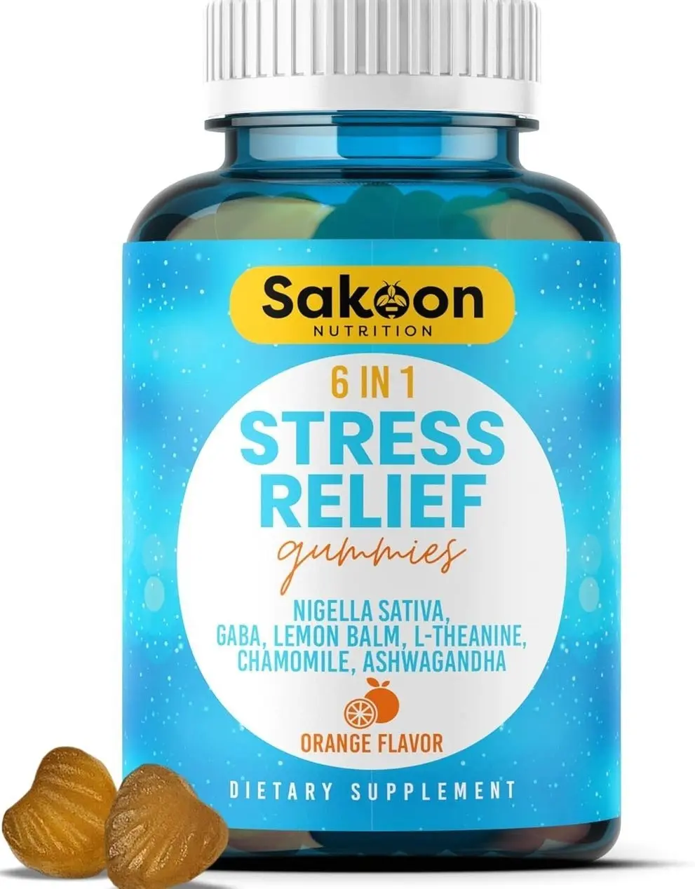 6-in-1 Stress Relief Gummies 60ct - Aids Relaxation with Ashwagandha, GABA, L-theanine, Lemon Balm, Chamomile, Black Cumin Seed Nigella Sativa. Improved Deep Sleep, Joint Support - 60 gummies