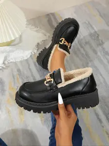 Women's new platform comfortable loafers British style fashionable and elegant winter women's shoes, fleece lining and thick cold protection and warm design, suitable for daily casual occasions Flat women's shoes, a must-have for gifts Flatform Loafers