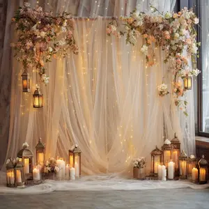 4-piece set, 63*119inch champagne-colored wire mesh with top rod pocket - perfect for weddings, birthdays, holiday decorations, event decorations, Wedding party backdrop