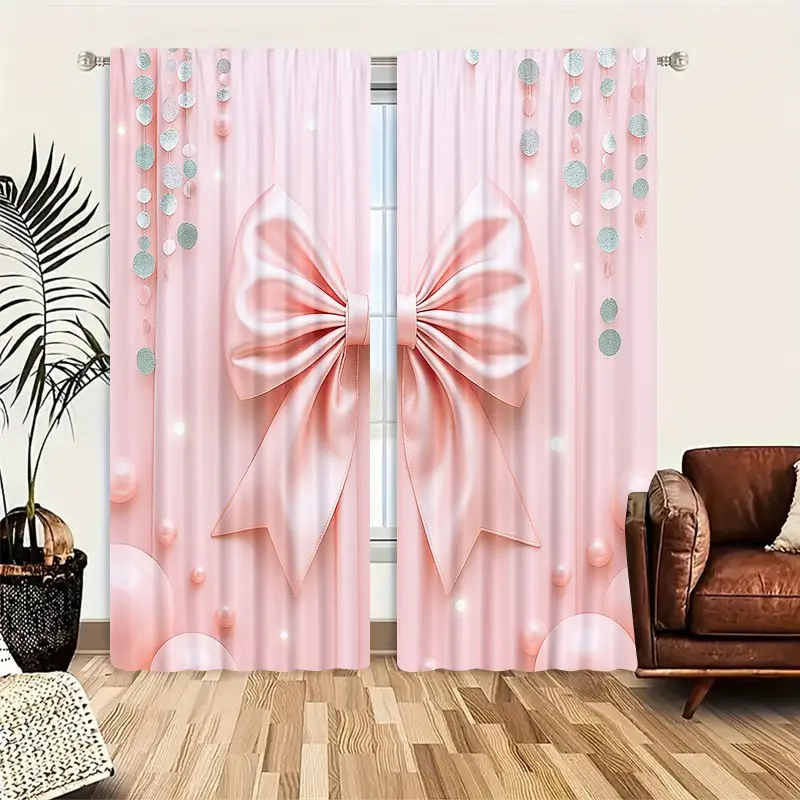 2pcs Creative Bow Pattern Half-Blackout Window Drapes Curtains, Home Decorative Curtain, Cute Cartoon Patterns Art Style, Decorative Versatility, Suitable for Kitchen, Living Room, Bedroom, Bathroom, Game Room