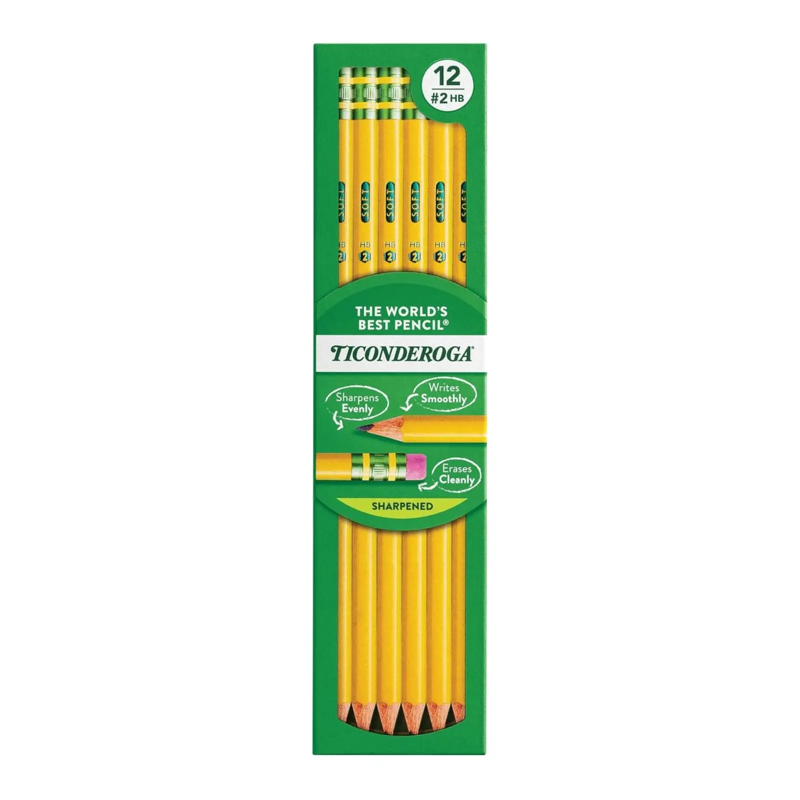 Ticonderoga Wood-Cased Pencils, Pre-Sharpened | #2 HB Soft, Yellow, 12 Count, Standard Size, High Quality Eraser