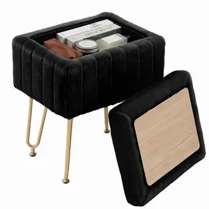 Vanity Stool Chair with Storage, Small Ottoman with 10L Hidden Compartment, Soft Faux Fur Padded Footstool Seat, 4 Metal Legs with Anti-Slip Adjustable Feet – Modern Footrest for Bedroom Makeup Entryway Home