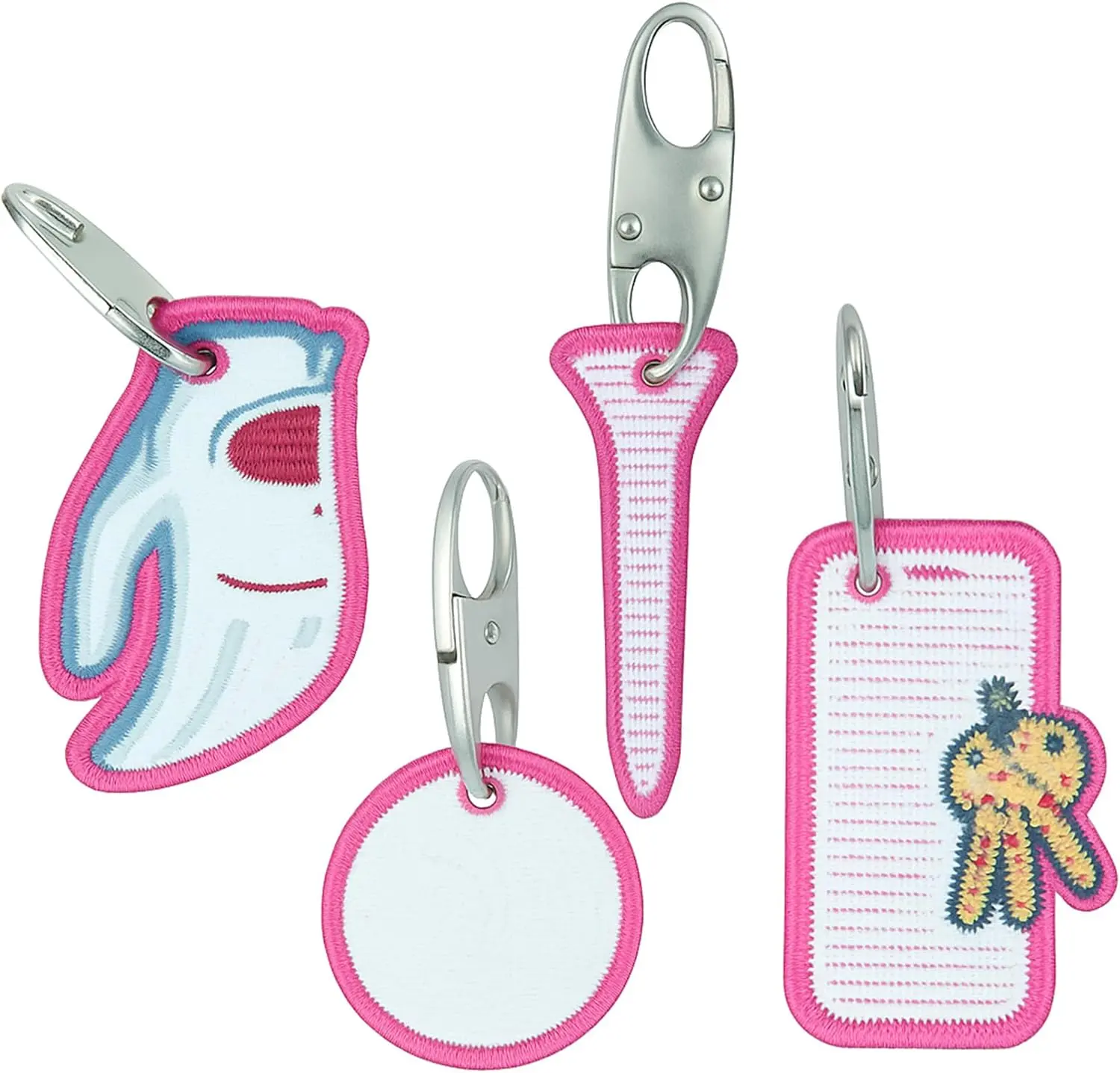 Golf Zipper Bag Tags – Set of 4 Fabric Golf-Themed Zipper Pulls – Includes Golf Ball, Glove, Tee, and Phone Tag – Stylish and Functional Golf Bag Accessories (Pink)
