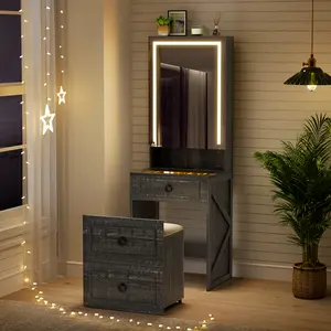 Dystler Makeup Vanity Desk with Mirror and Lights,Small Vanity Desk Set with Charging Station & Glass Top,Compact Dressing Table with Jewelry Cabinet & Storage Wheel Stool for Bedroom