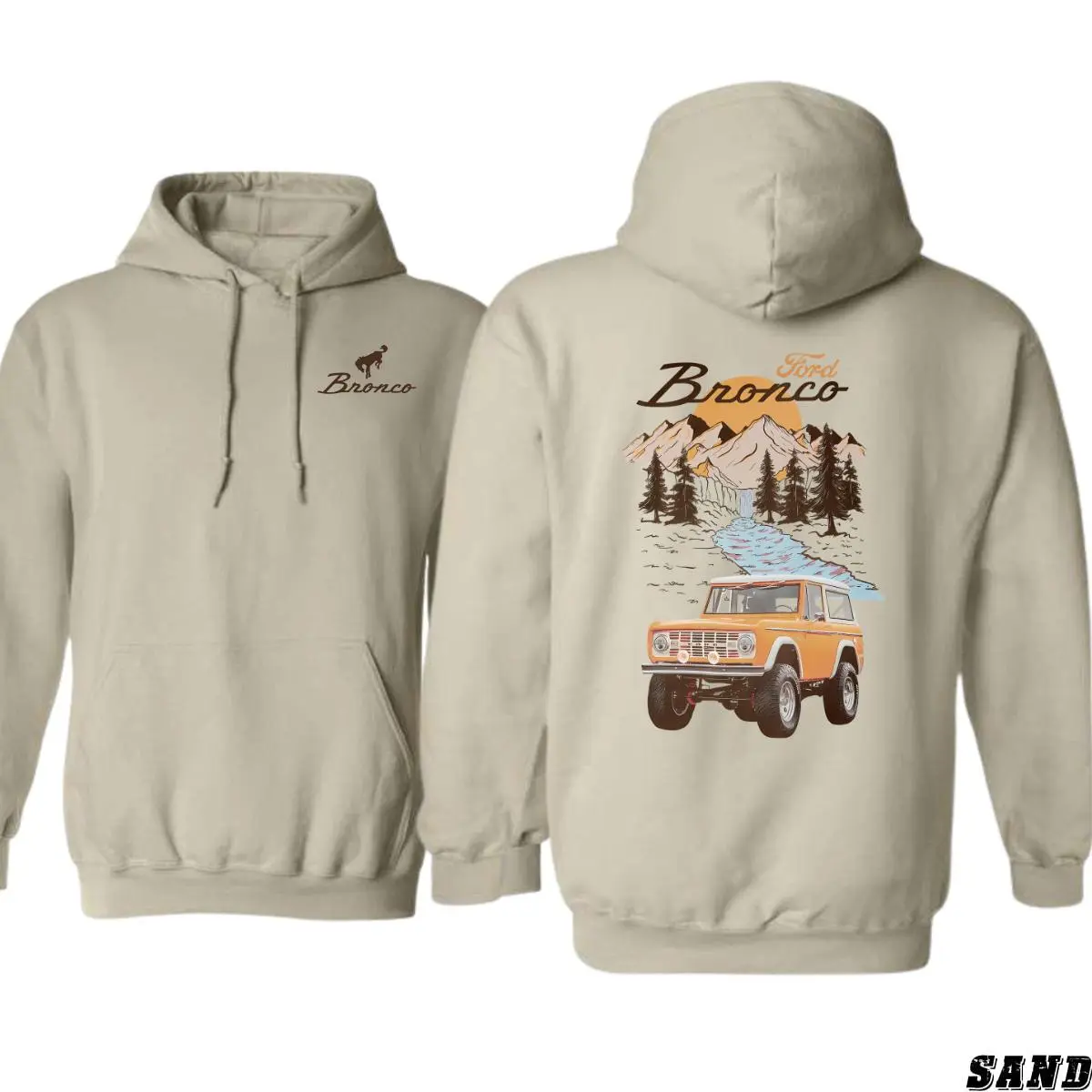 Bronco Classic Off‑Road T‑Shirt – Sweatshirt – Hoodie | Vintage Orange 4x4 Truck Graphic Top | Mountain River and Pine Forest Adventure Design | Retro Car Lover Outfit | Soft Cotton Blend Unisex Tee