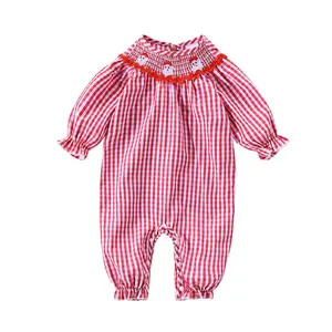 Newborn Baby Girl Christmas Smocked Romper Santa Plaid Jumpsuit Puff Long Sleeve Playsuit Infant Fall Xmas Outfit