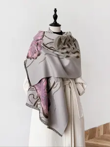 2024 New Style Floral Print Tassel Decor Shawl, Casual Soft Warm Double Sided Scarf for Women & Men, Fashion Accessories for Daily Wear Dainty Gift for Your Love