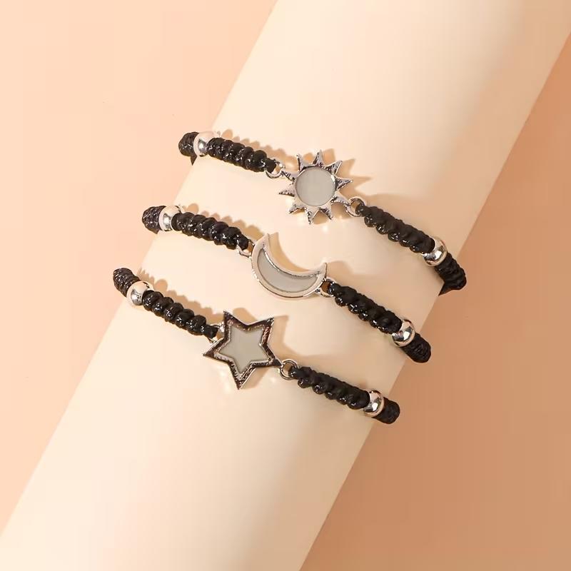This set of three simple and stylish retro glow-in-the-dark bracelets features the sun, moon, and stars, making them a creative holiday gift for couples, close friends, besties, and brothers mini, gifts.