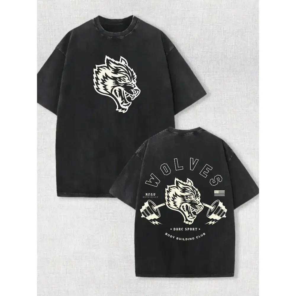 Darc Sport Wolves Vintage Washed Oversized Tee, Heavy Cotton Gym Graphic Top, Athletic Streetwear For Workout Weightlifting Daily Wear Wolves Retro Gym Tee, Fitness Casual Streetwear
