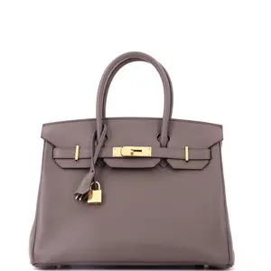 Pre-owned HERMÈS Leather Top Handle Bags Hermes Birkin Handbag Grey Epsom with Gold Hardware 30 by Rebag