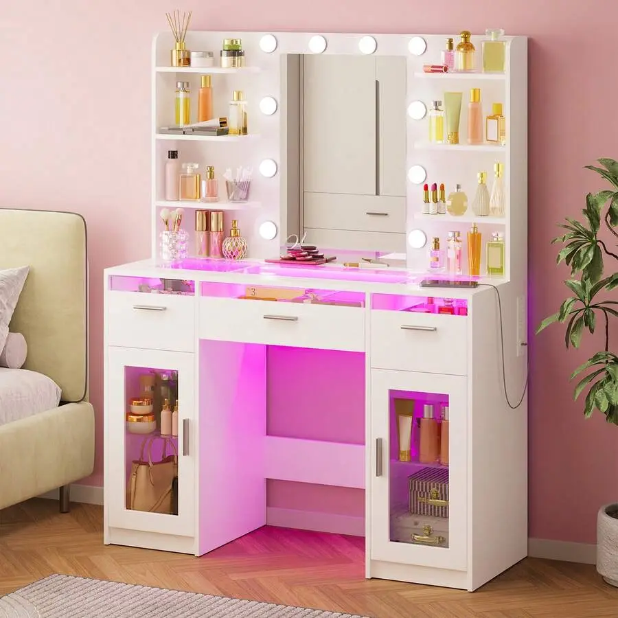 2 Sizes    Mirror And Lights, Makeup    Lights , Transparent Top   2 RGB Drawers, 6 Shelves, , Power Outlet, For Bedroom, White, Christmas Gift (The Light Strip Is Powered By USB)