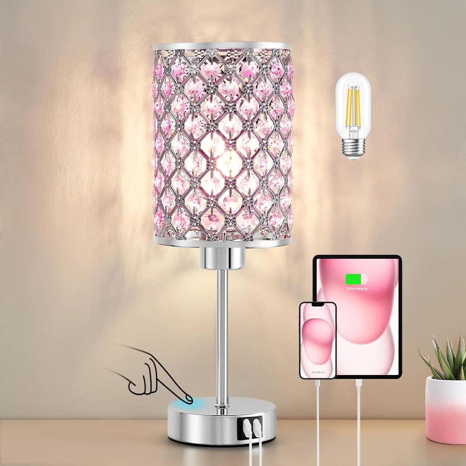 Table Lamp, Pink Touch Lamp with USB C+A Ports, 3 Way Dimmable with  Shade, Small Bedside Lamps for Girl Bedroom, Living Room(Buld Included)