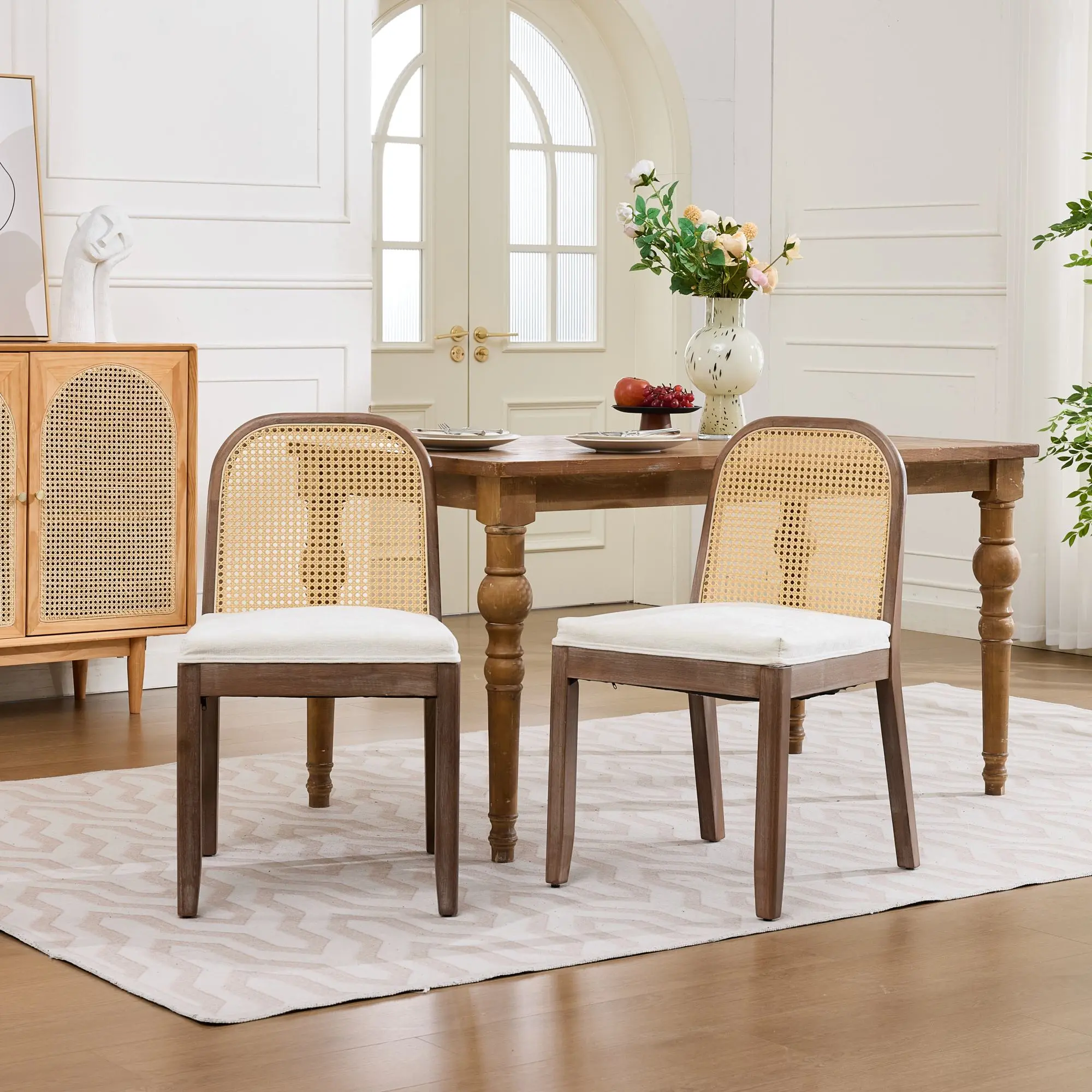 Set of 2 Curved Arched Cane Back Dining Chairs,Mid Century Farmhouse Side Chairs,Distressed Solid Wood Frame,Chenille Cushion with S-Spring and Sponge,Armless Accent Chairs for Kitchen,Beige