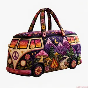 Boho Hippie Style Quilted Duffel Bag Featuring Purple Mountain Mushroom Print, Spacious Overnight Carry Tote Bag, Practical Large Capacity Handbag Fit For Gym Camping Vacation Road Trips And Weekend Outdoor Outings