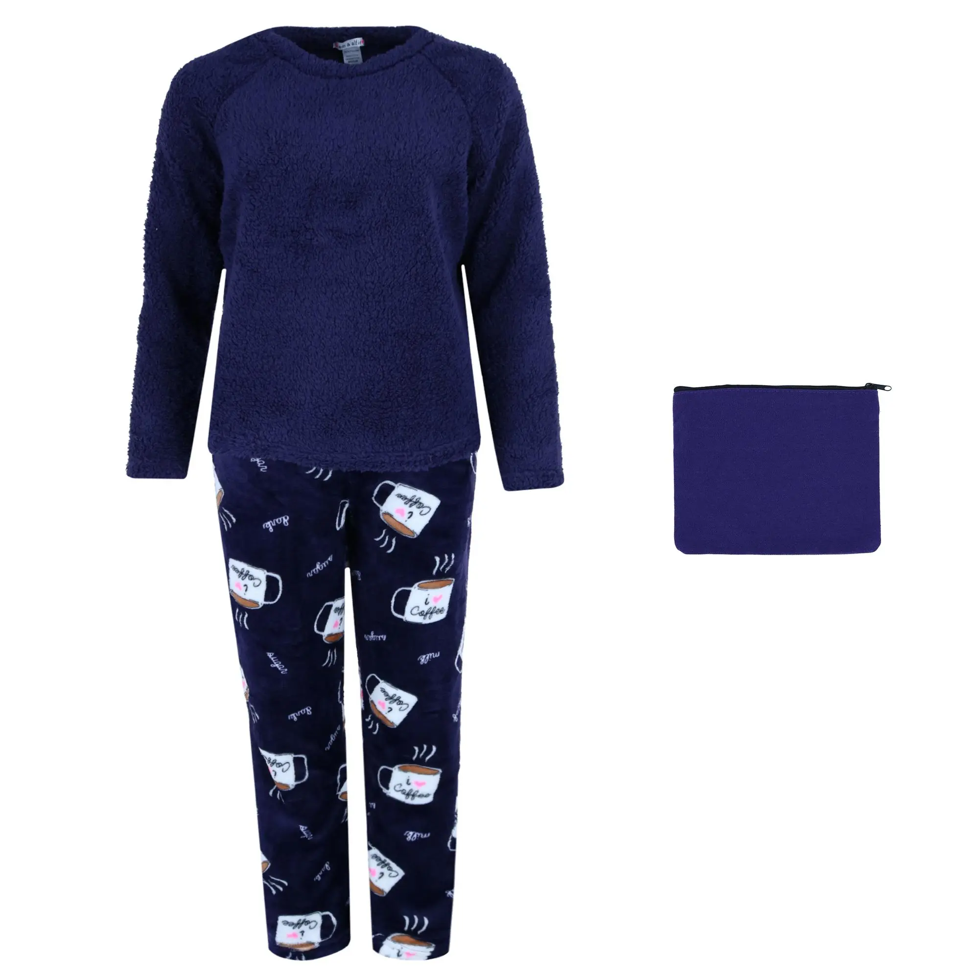 em & alfie Women's Comfortable 2-Piece Coffee Print Long Sleeve Nightwear Set - Elastic Bottom Pajama Loungewear with Matching Makeup Bag, Soft Fabric