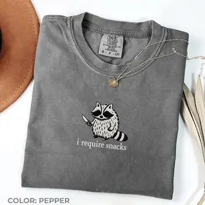 Embroidered Comfort Colors I Require Snacks Raccoon Shirt - Funny Raccoon Tee, Goblincore Snack Gremlin Shirt, Animal Lover Gift