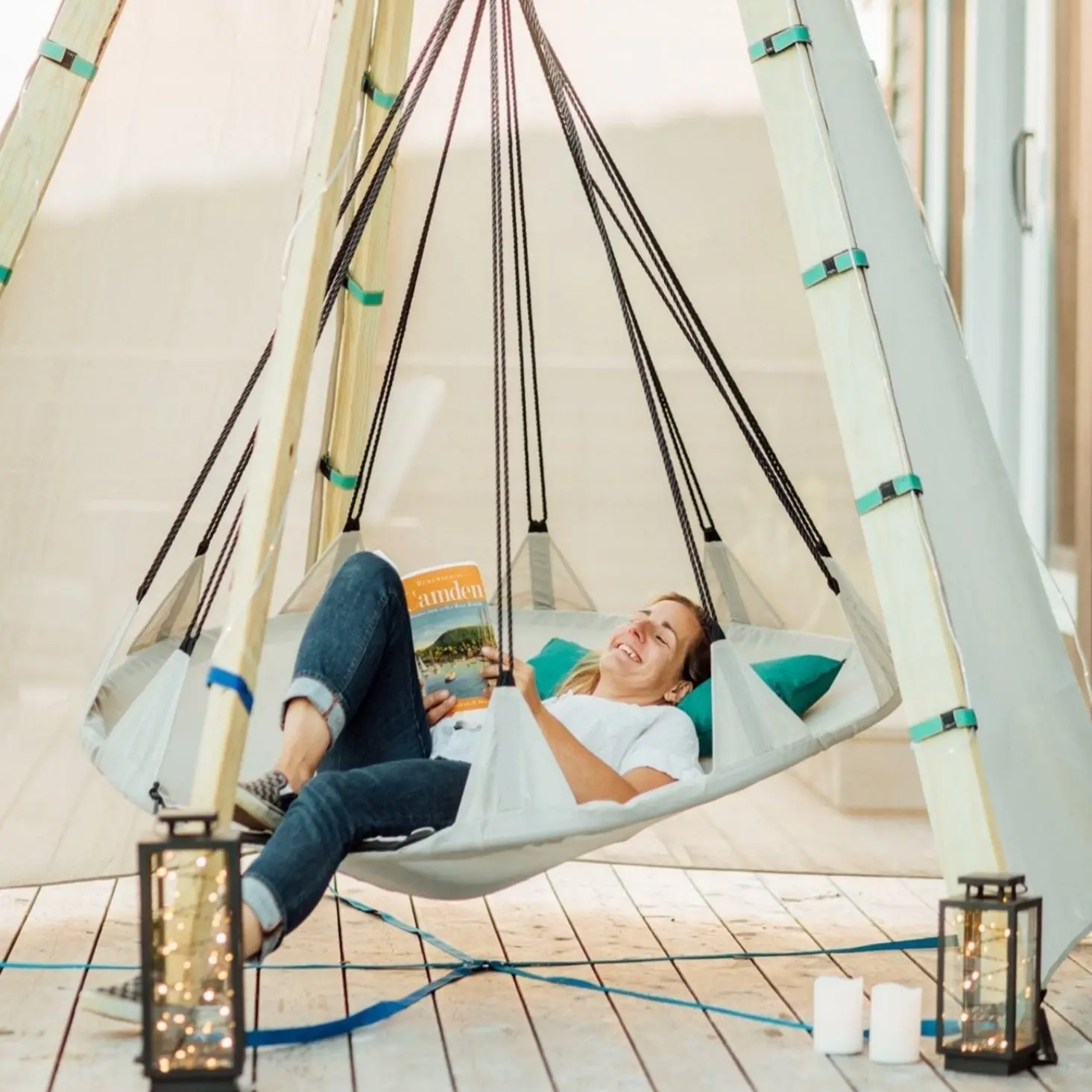 Bijou Sky Hover Swing 5ft Outdoor Platform with 8 Hanging Ropes & 2 Plush Cushions for Relaxation