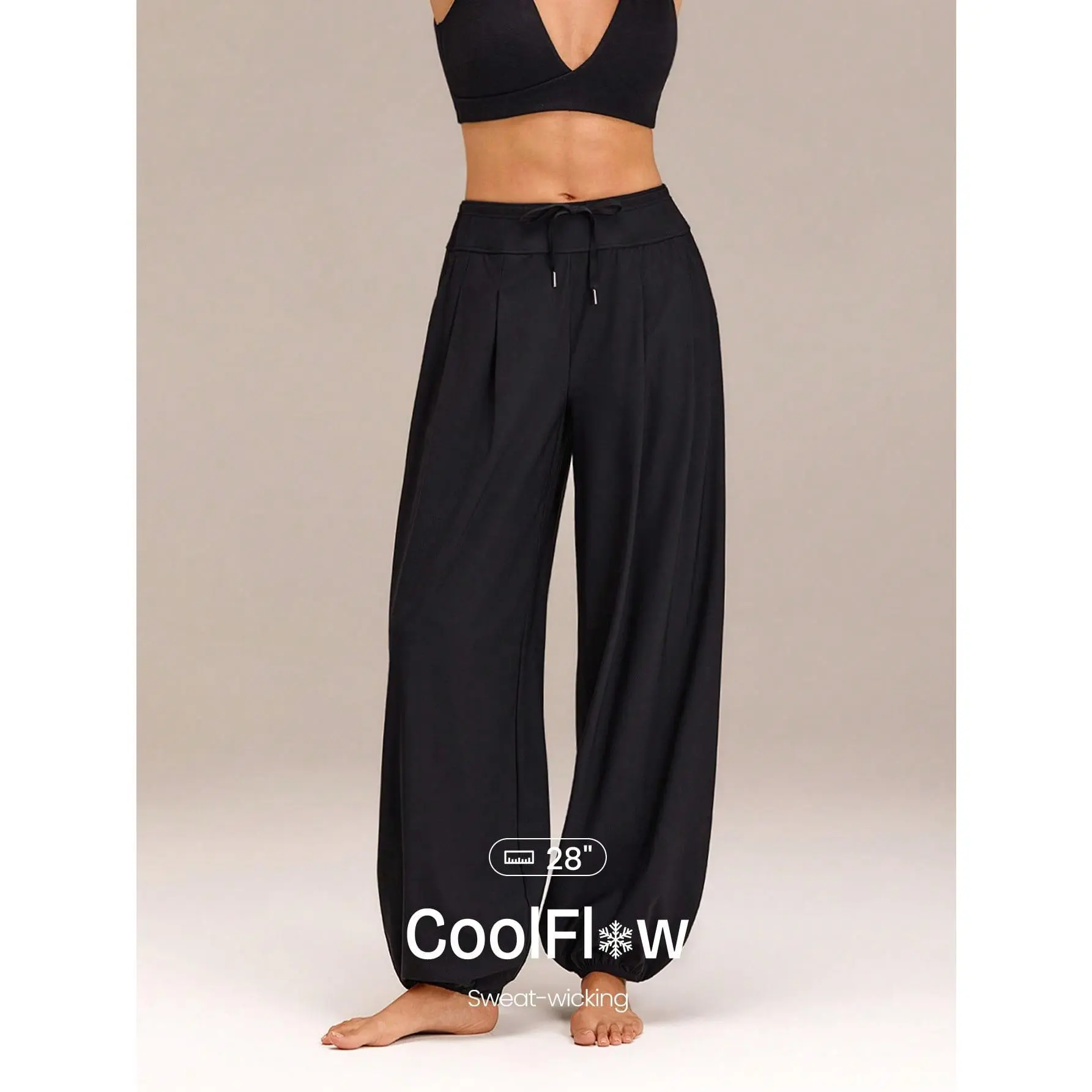 GLOWMODE 28" Soft Serve Stretchy Quick Dry Sun Protective Adjustable Drawstring Waist Side Pockets Pleated Wide Leg Lounge Pants Yoga Travel Training Vacation Summer Daily Casual Wear