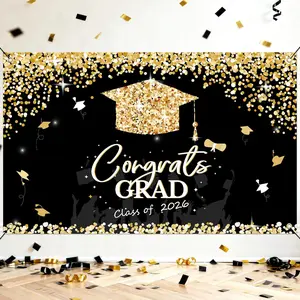 Graduation Decorations 2026 - Black and Gold Graduation Backdrop and Congrats Grad Banner Class of 2026 Graduation Party Supplies Decor