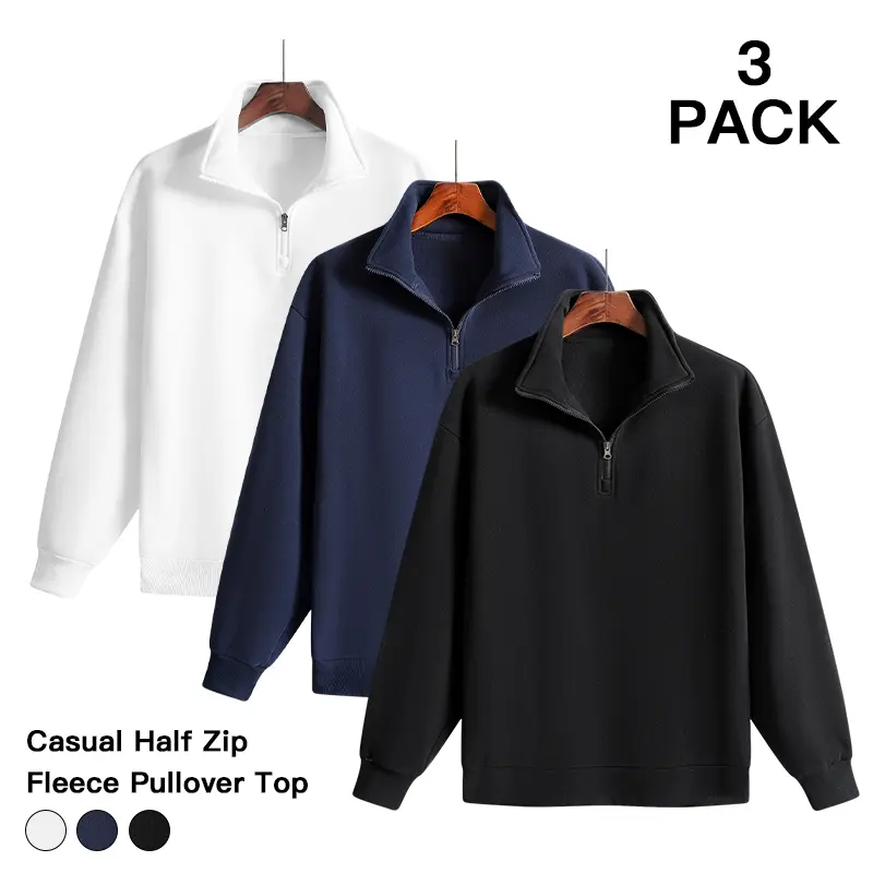 Relaxed‑Fit 3‑Pack Unisex Quarter Zip Mock Neck Pullover Solid Long‑Sleeve Tops For Casual Hang‑Out Campus Activity Errands Cool‑Weather Everyday & Layering Outfits