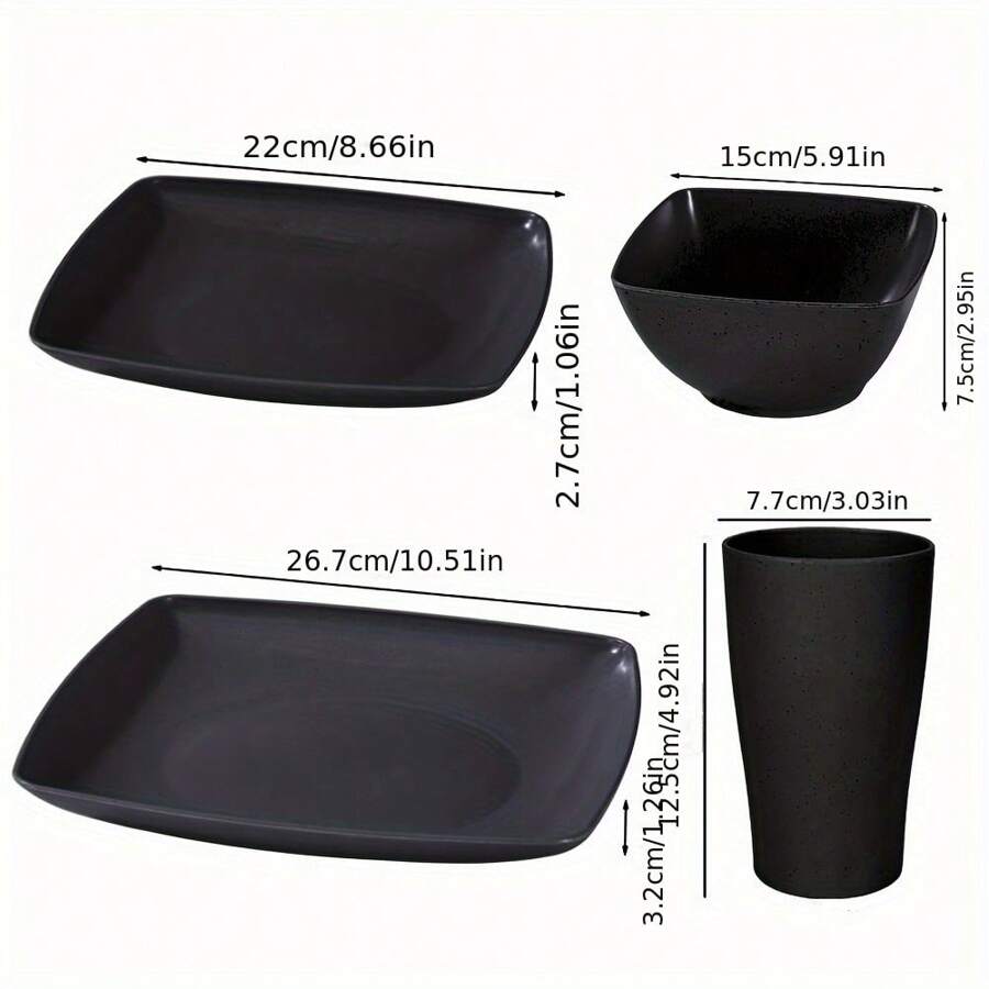 16/32Pcs Plastic Square Dinnerware Set - Durable Dishwasher Safe Microwave Safe, Stackable, Space-Saving - For 4 People, Includes Dinner Plates, Salad Plates, Snack Bowls, Tumblers 20 Oz