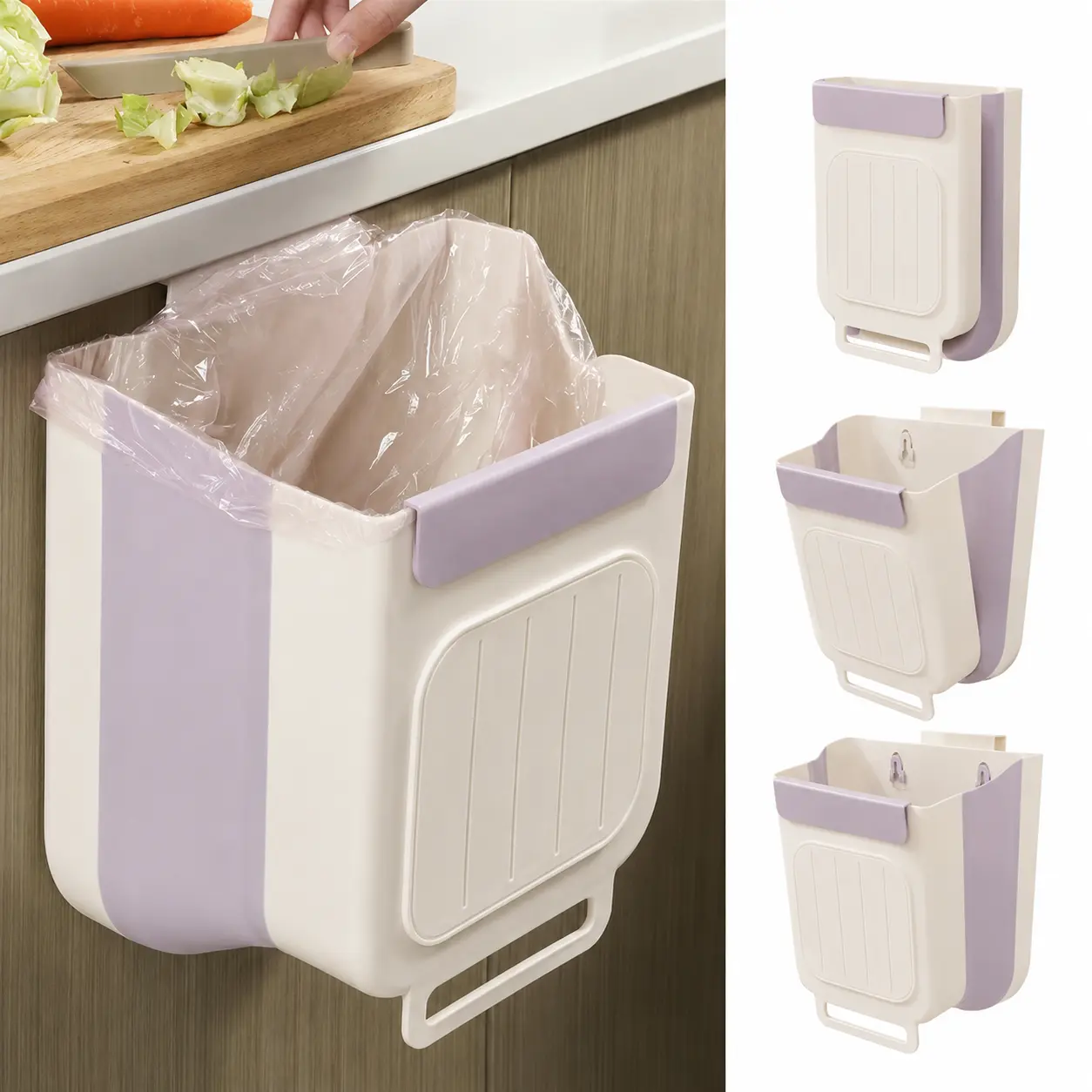 1-Count Foldable Hanging Garbage Storage Bucket, Punch-Free Wall-Mount Kitchen Trash Can, Space-Saving Cabinet Door Food Waste Collection Accessory, Collapsible Easy-Clean Home Supply