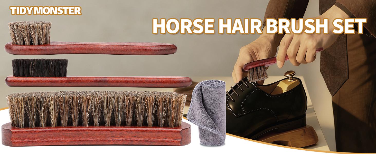 4 Pcs Horsehair Shine Shoes Brush Kit Polish Dauber Applicators Cleaning Leather Shoes Boots Care Brushes Suede Cleaner with Microfiber Shoe Cloth