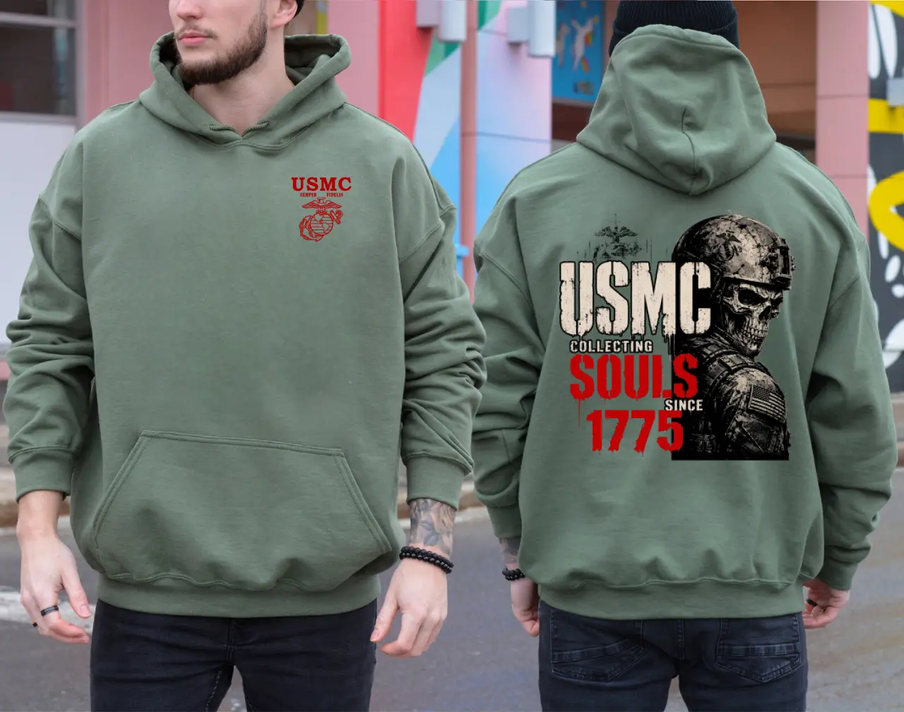 USMC Collecting Souls Since 1775 Hoodie, Marine Corps Skull Graphic Pullover, Patriotic Military Veteran Hoodie