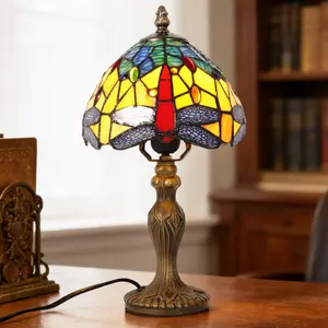 14.7 Inch Tiffany Style Dragonfly Stained Glass Table Lamp, 7.9" Shade, Bronze Base, Warm Light for Bedroom Living Room